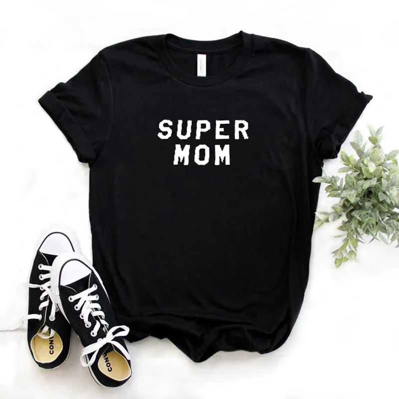 Черный Женская футболка с принтом SUPER MOM, хлопковая Повседневная забавная футболка, подарок для леди Yong Girl, уличный Топ, футболка, 6 цветов, MF-12 - Цвет: Черный