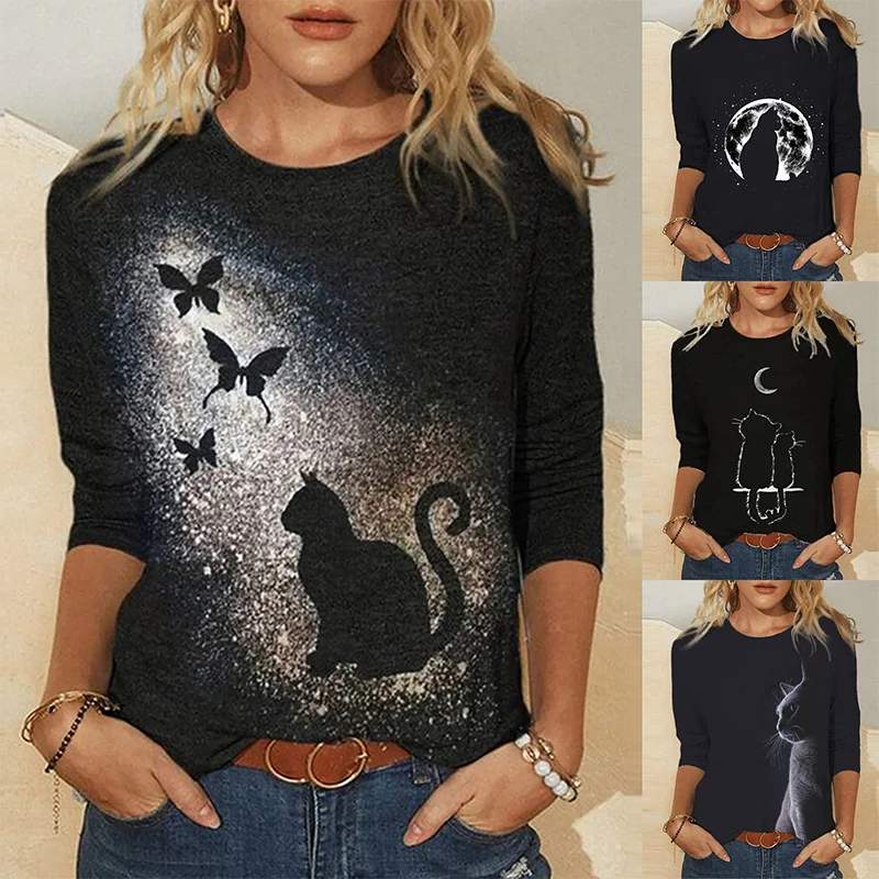 

FAKUNTN Clothes Spring Casual Cute Cat Women's Clothing Funny 3D Print Long Sleeve T-Shirts Fashion Tops Mujer Camisetas 2021
