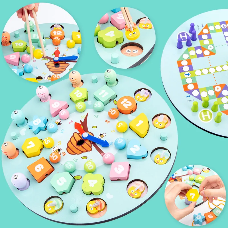 

Double-sided Digital Clock Flying Chess Clip Beads Fishing Multifunctional Children's Educational Early Education Wooden Toys