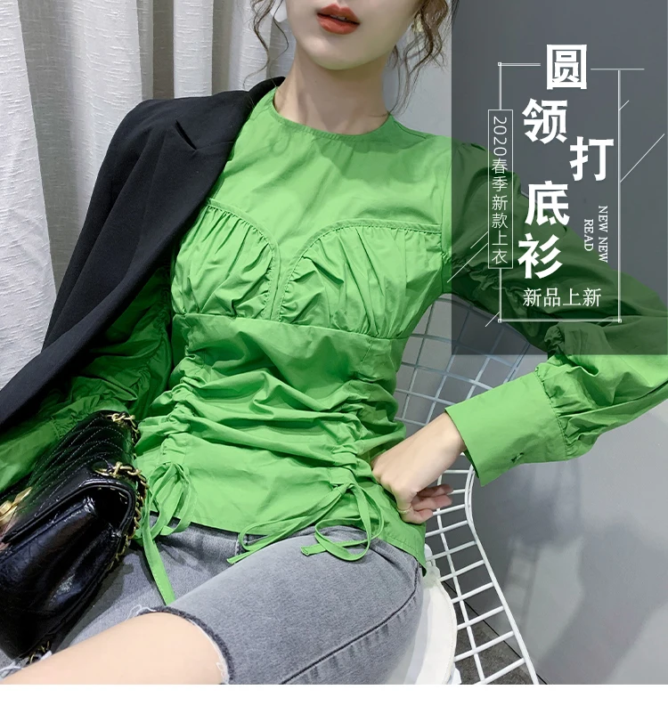 

Puff Sleeve Shirt Women's Design Sense Non-mainstream 2020 Spring and Autumn New Retro Hong Kong Style Drawstring Top Long