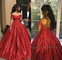 elegant red ball gown prom dresses off the shoulder appliques lace silk satin long formal evening dress 2020 sweet 16 dresses