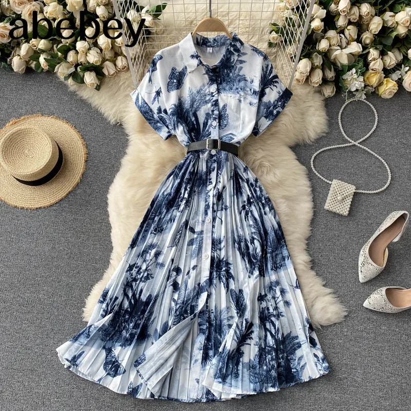

Women Print Dress Korean Turn Down Collarshort Sleeve A-line Dresses Spring Casual Retro Streetwear Midi Dress