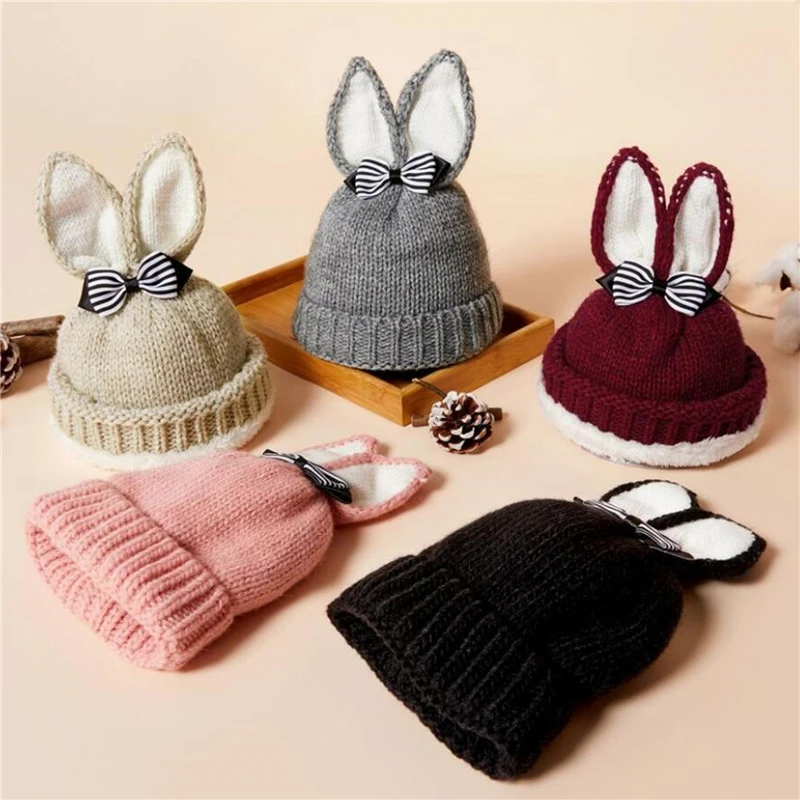 

Rabbit Ears Baby Hats Beanie Caps Warm Winter Kids Baby Girl Hat Bows Warm Thicken Children Toddler Bunny Hat Casquette Enfant