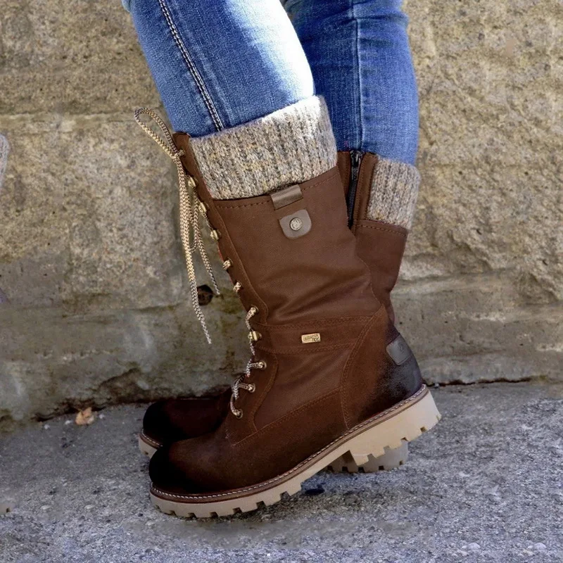 Brown A Puimentiua Winter Shoes Women Boots Basic Mid-Calf Boots Round Toe Zip Platform Decor Female Shoes Warm Lace Up Boots Shoes - Цвет: Brown A