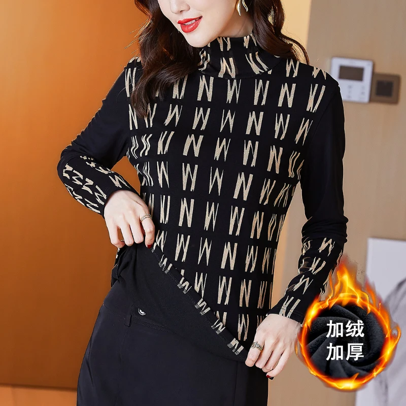 

Winter Women Plush Thickened Bottoming Shirt Letter Printed Turtleneck Slim Fashion Femme Mesh Top Shirts