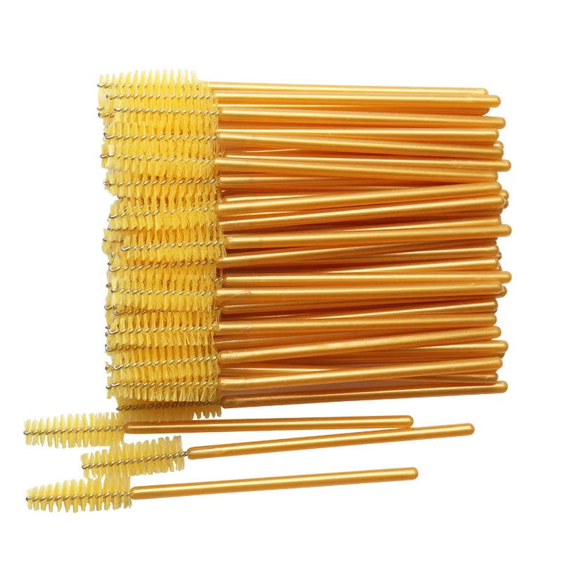 golden yellow 50 шт./лот, одноразовая нейлоновая тушь для ресниц, палочка, аппликатор, зеленая кисть для ресниц, для наращивания ресниц, инструменты для макияжа - Handle Color: golden yellow