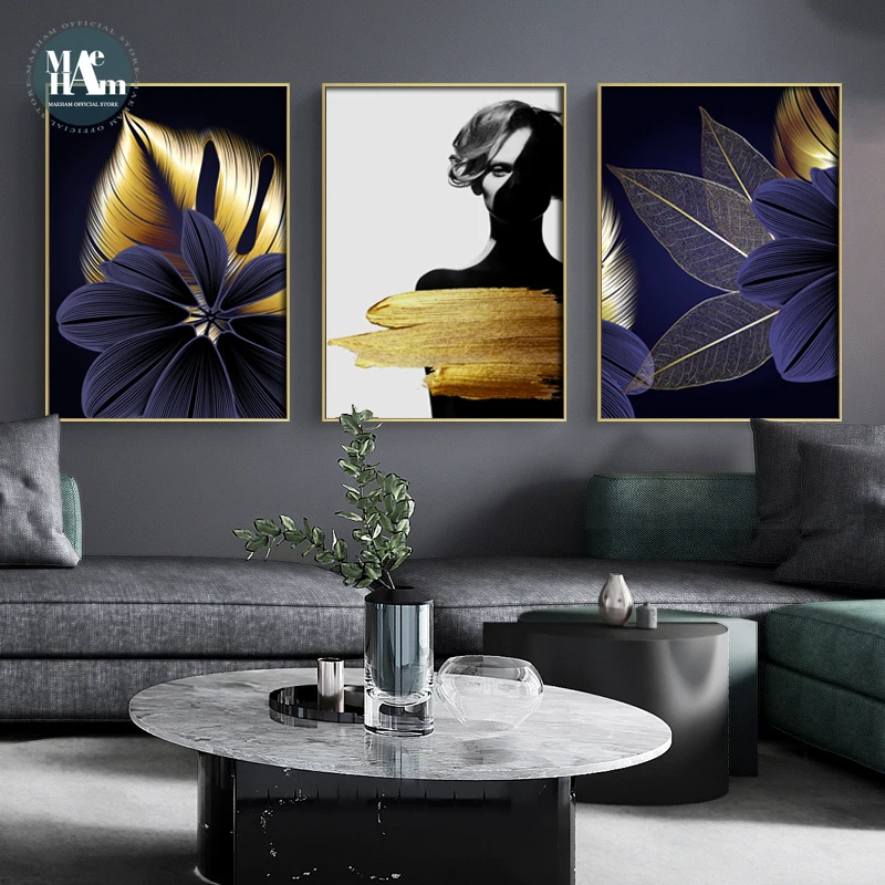 Фигурки листьев фиолетового и золотого растений холст плакат современный
