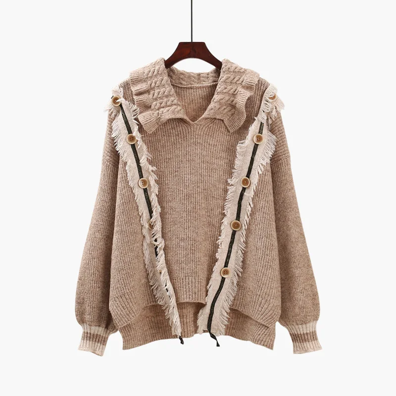 

Women Winter Sweater and Pullovers Turtleneck Turn down Collar Pull Sweaters Tassel Knit Jumpers Winter Clothes Button Tops