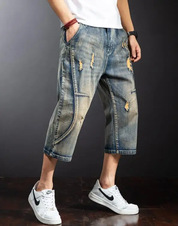 Mens Baggy Denim Shorts Fashion Streetwear Hip Hop Skateboard Cargo Hole Jeans Male Calf-Length Pants