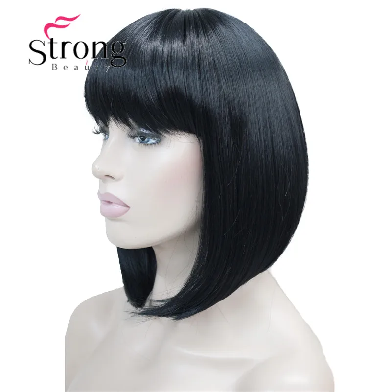 StrongBeauty короткий прямой блонд выделенный боб с челкой синтетический парик черный коричневый красный женские парики выбор цвета - Цвет: 1 Dark Black
