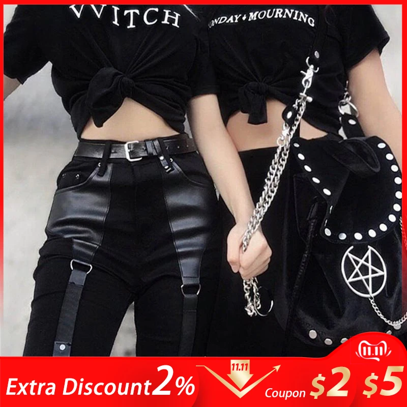 Женские брюки карго в стиле панк рок из искусственной кожи пэчворк черные