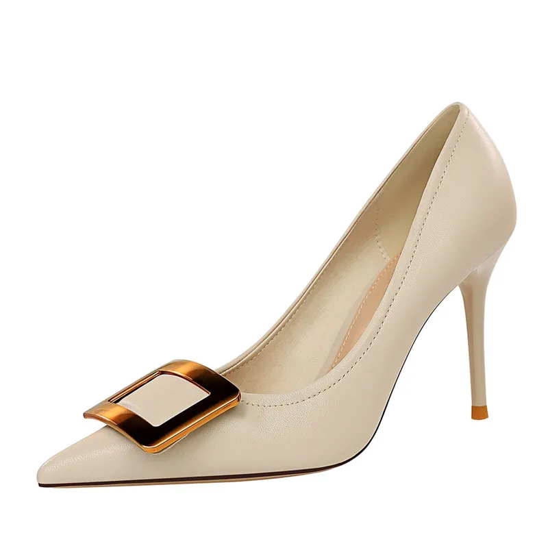 BIGTREE квадратной пряжкой женская обувь офисные туфли на высоком каблуке из