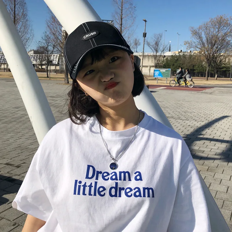 Корейский стиль dream a little футболка с буквами женская черно белая Эстетическая