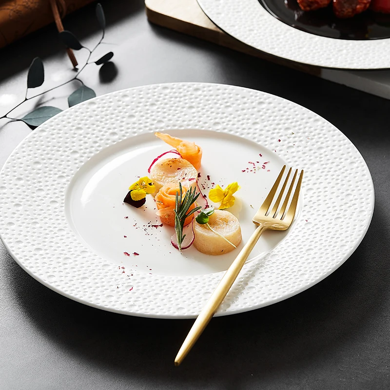 

European Style White Porcelain Western Steak Plate Round Ceramic Dessert Salad Plate Black White Kitchen Tableware Dinner Plate