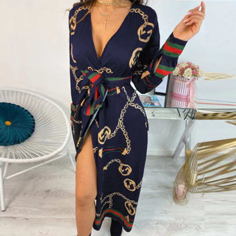 

Sexy Women Deep V-neck Shirt Dress Spring Autumn Long Sleeve Chain Print Mid-calf Dresses Laides Lace Up Party Dresses Clubwear