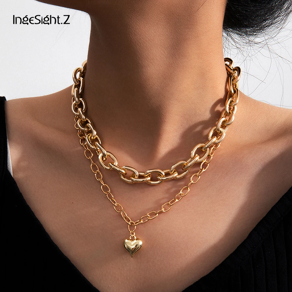 

IngeSight.Z Multi Layered Chunky Thick Curb Cuban Miami Choker Necklace Statement Love Heart Pendant Necklaces for Women Jewelry