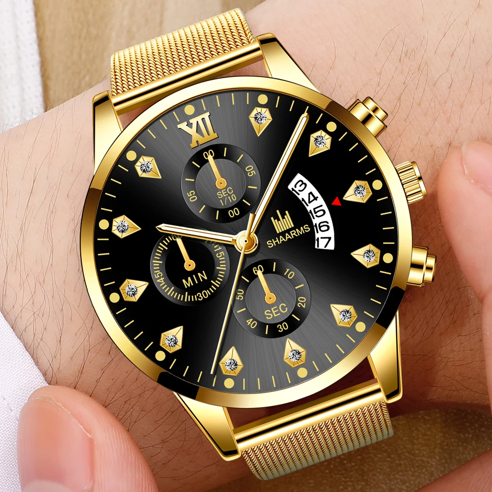 Часы наручные мужские кварцевые с сетчатым браслетом люксовые модные деловые