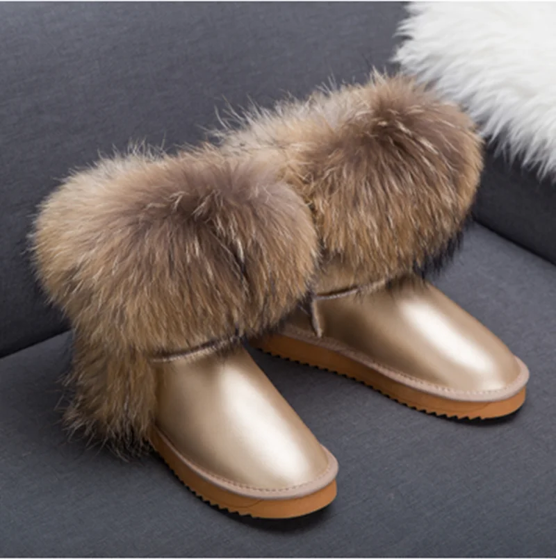 beige fox fur G& Zaco/Роскошные зимние ботинки с натуральным лисьим мехом; женские ботинки из натуральной кожи; Средний теленок; водонепроницаемые ботинки из коровьей кожи с натуральным мехом - Цвет: beige fox fur