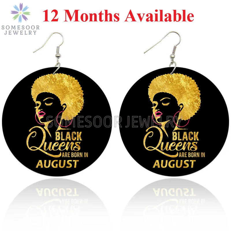 

SOMESOOR Golden Black Queens Are Born In 12 Months Big Loops Both Sides Print Afro Wooden Drop Earrings For Women Birthday Gifts