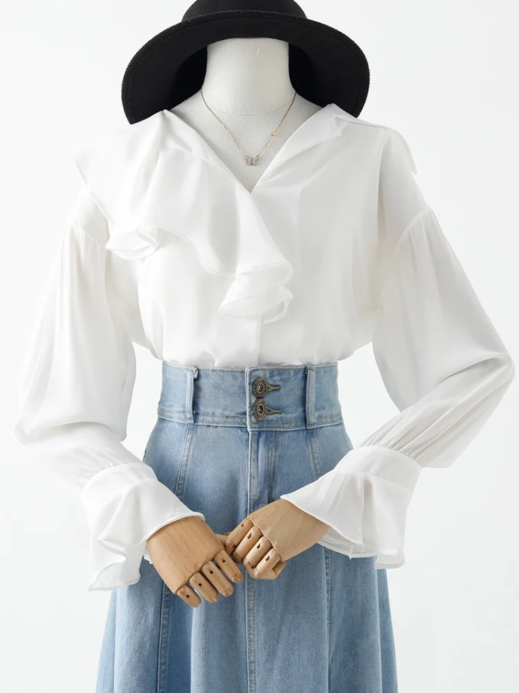 

Women White Shirts Summer New 2021 Ruffles Neck Flare Sleeved Loose Chiffon Office Lady Elegant Blouse Outwear Tops