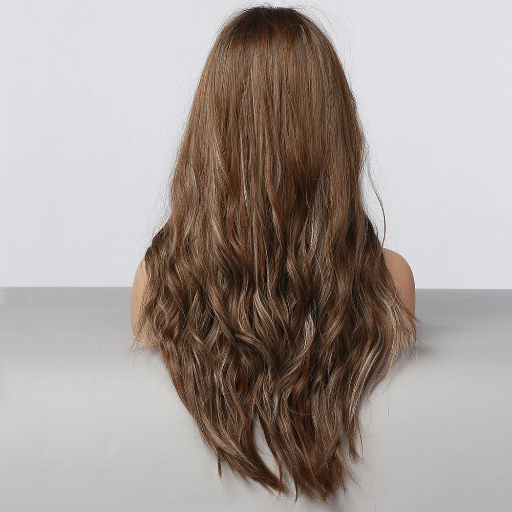 

Long Wavy Brown With Highlight Synthetic Hair Wigs for Black Women Natural Wave Middle Part Cosplay Wigs Heat Resistant Fiber