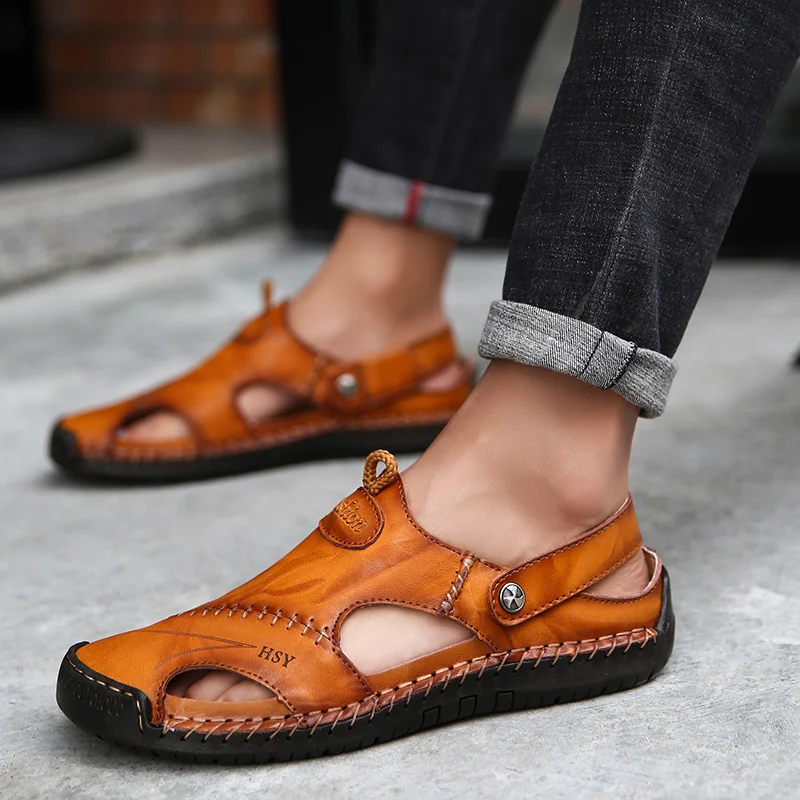 

Fashion Mens Sandals Genuine Leather Summer Beach Slippers Male Non-Slip Soft Comfortable Outdoor Shoes High Quality Man Sandals