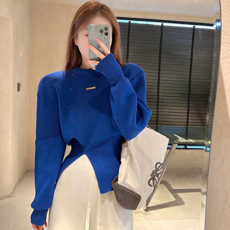 

Royal Blue Sweater Women Puff Long-sleeved Knitted Sweater Solid Color Winter Thick Female Pullovers Casual Tops Y2K Sweater
