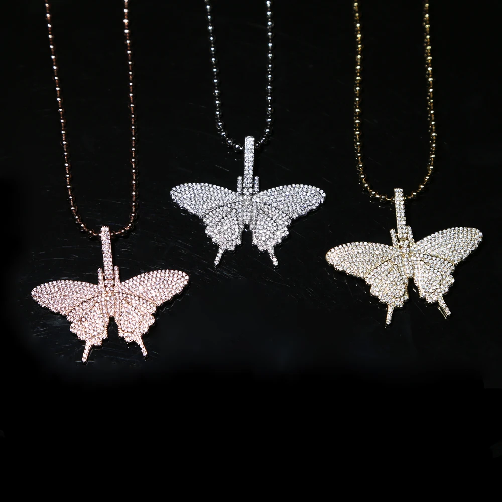 

Hip Hop Sparking Iced Out Cz Pave Butterfly Pendant Cubic Zircon Butterfly Pendant Necklace Fashion Jewelry Bead Chain