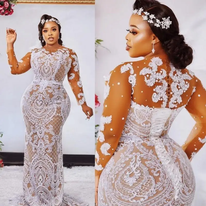 

Fashion Plus Size Mermaid Lace Wedding Dresses Sheer Bateau Neck Long Sleeves Beaded Bridal Gowns Sweep Train Robe De Mariée