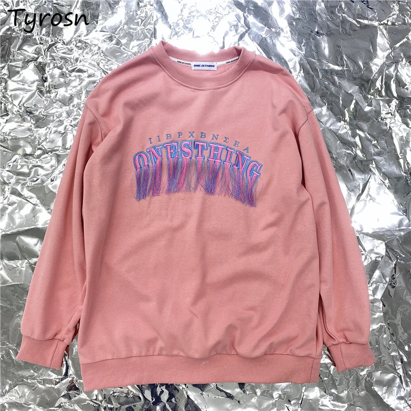 

No Hat Hoodies Women Tassel Embroidery Designed Fashion Loose Leisure Vintage O-neck All-match Ulzzang Temperament Sweatshirts