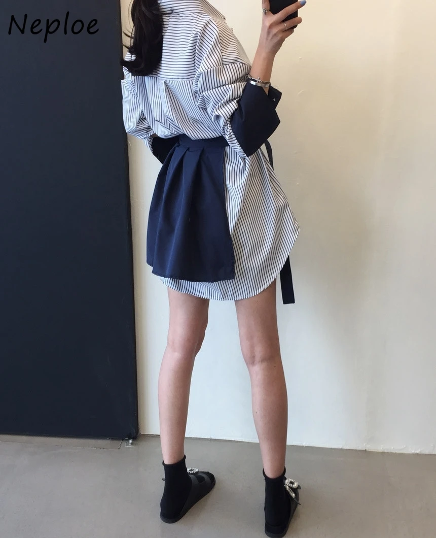 

Newest Stripe Women Mini Dress Turn-Down Collar Chic Patchwork Long Sleeve A-line Irregular Skirt Casual Women's Shirt Dresses