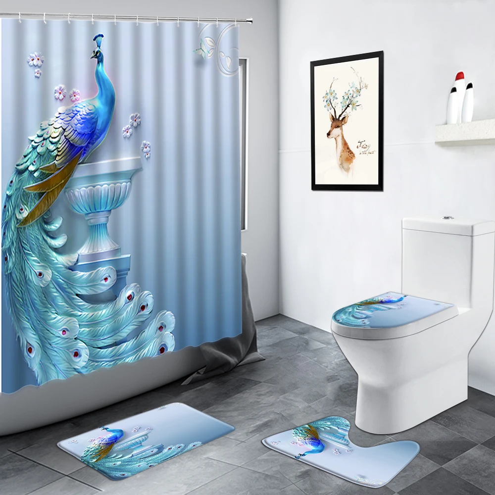 chinese style flowers peacocks shower curtain birds green bamboo plant scenery bathroom non slip rug bath toilet mats decor sets free global shipping