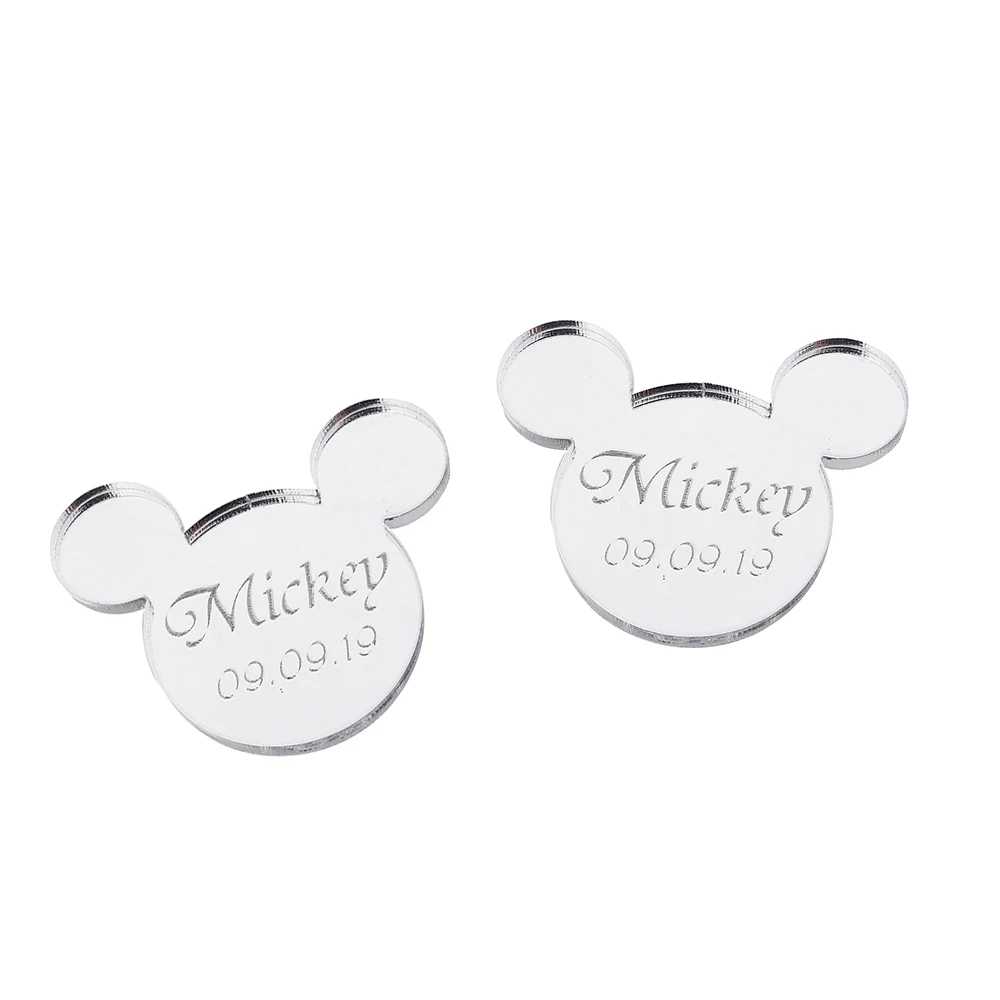 Style7 Silver 12 шт. персонализированные гравированное зеркало Микки Маус надписи имя карты метки ребенок душ украшение для вечеринки в день рождения 40 мм без отверстия - Цвет: Style7 Silver