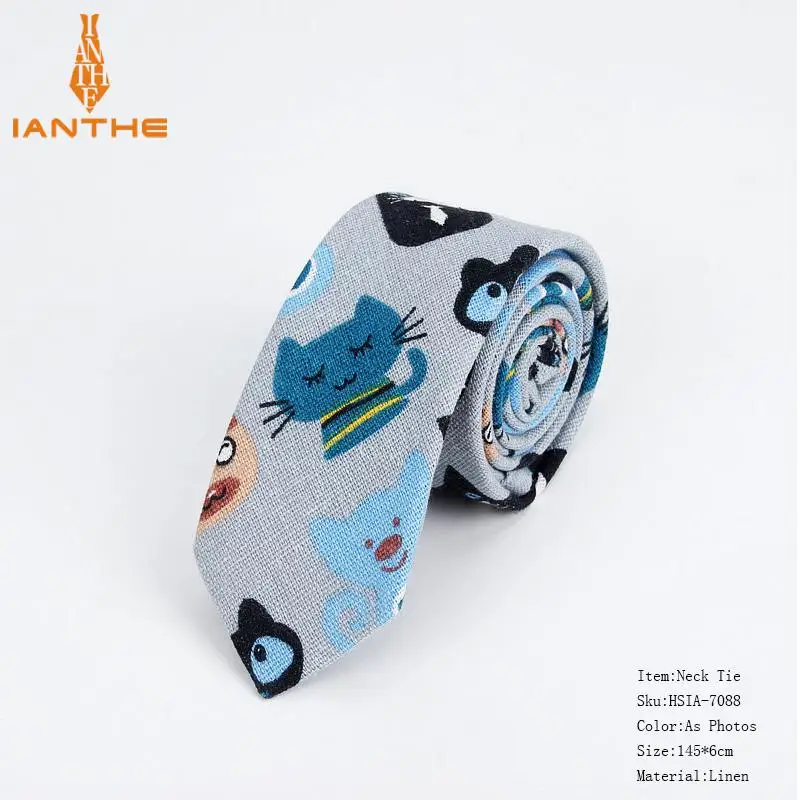 Льняной хлопковый мультяшный галстук для мужчин и женщин для худой шеи галстук для свадьбы повседневные Галстуки с принтом в виде листьев классические костюмы забавные тонкие галстуки на шею - Цвет: Photo Color