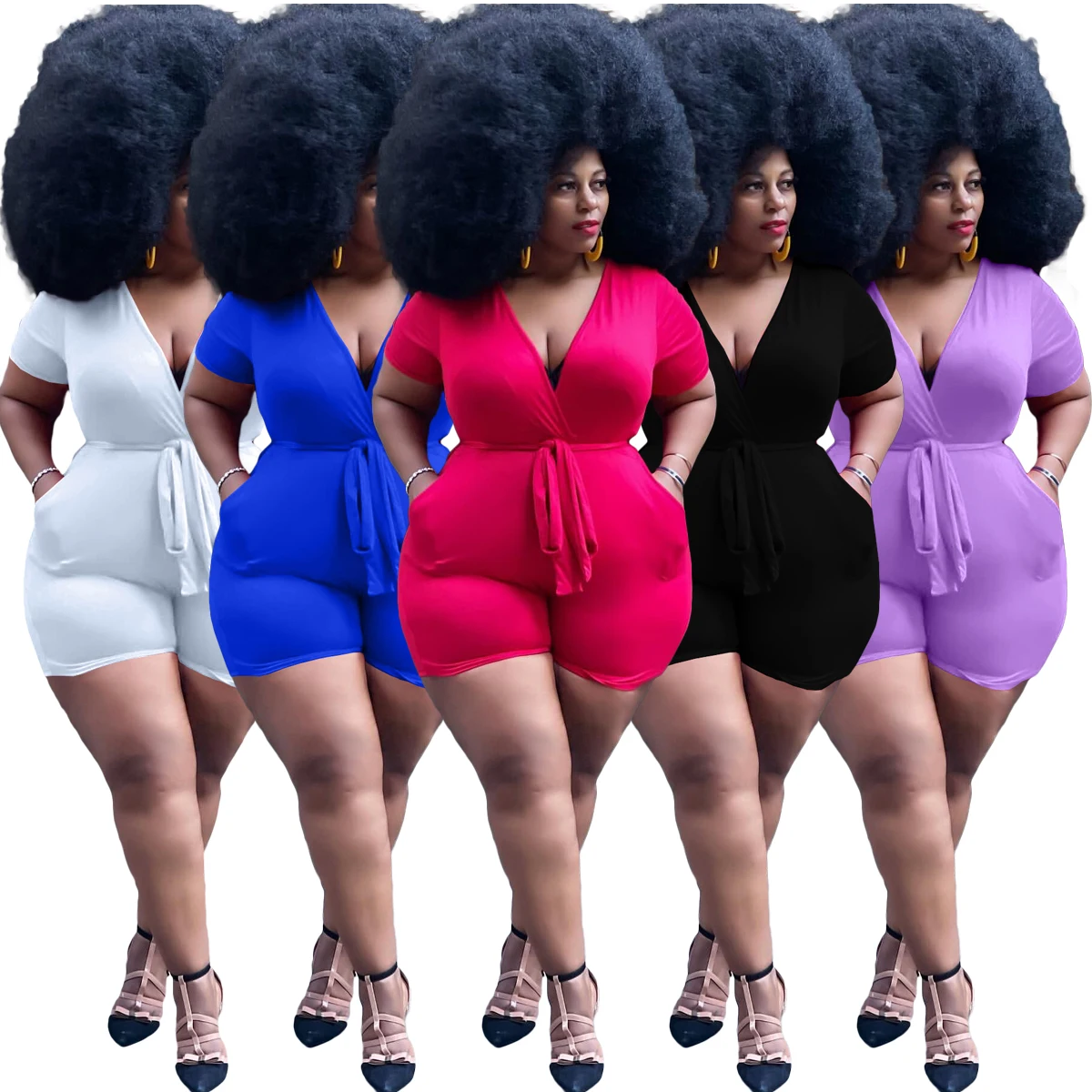 

Y10006 European and American hot summer women's sexy solid color belt pocket deep V-neck Jumpsuit spot supply wholesale