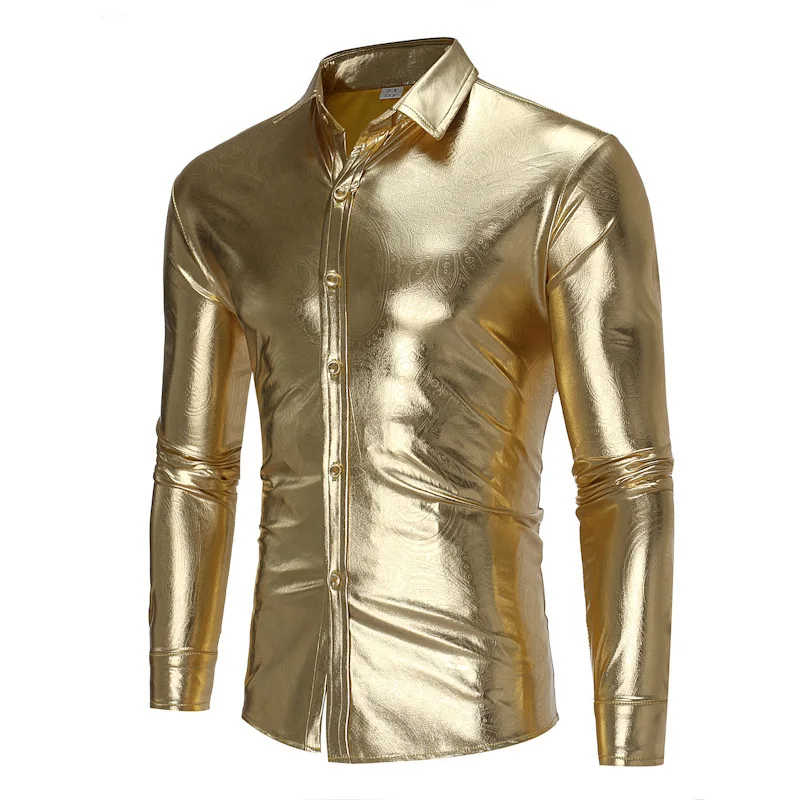 

2021 New Silk Shirt Men Artificial Leather Solid Tuxedo Business Shirt Men Casual Slim Fit Shiny Gold Wedding Dress Shirts