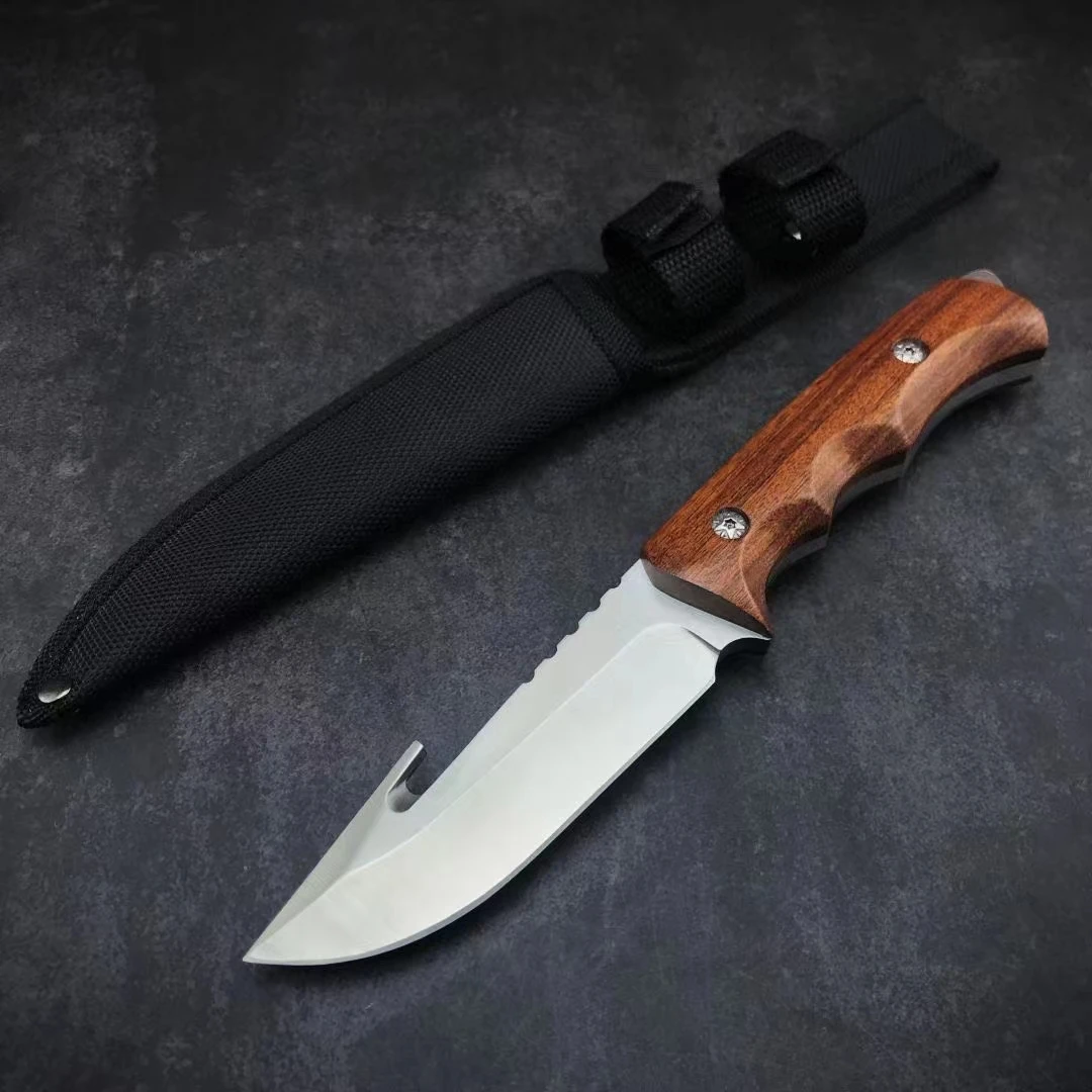 

ToughKeng Rhinoceros Hunting Fixed Blade Knives 7Cr13Mov Steel Fine Edge Rosewood Handle Outdoor Survival Knife with Hook
