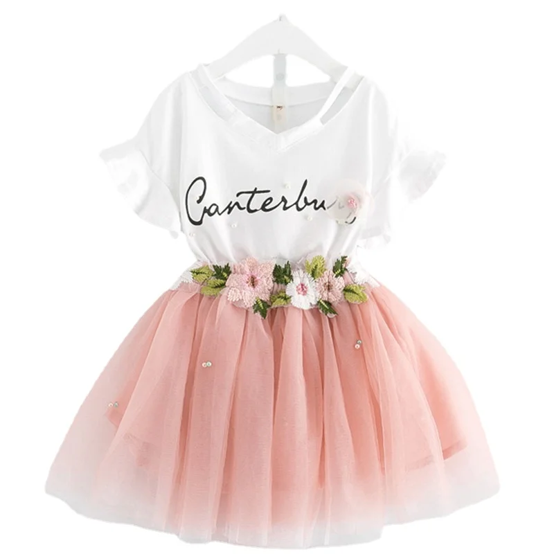 

Girls Dresses Kids Clothes Butterfly Sleeve Letter T-shirt Floral Voile Skirt for 2Pcs Sets Children Clothing