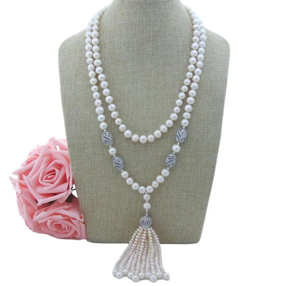 

luxury 2 Strands Cultured White Round Freshwater Pearl Cubic Zirconia Pave connector Pendant Necklace 22"