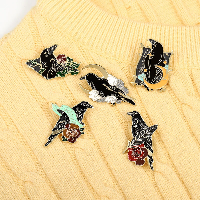 Solitude Gothic crow enamel pin black bird pink flower badge brooch Denim Jackets Shirt bag Lapel jewelry gift for women | Украшения и
