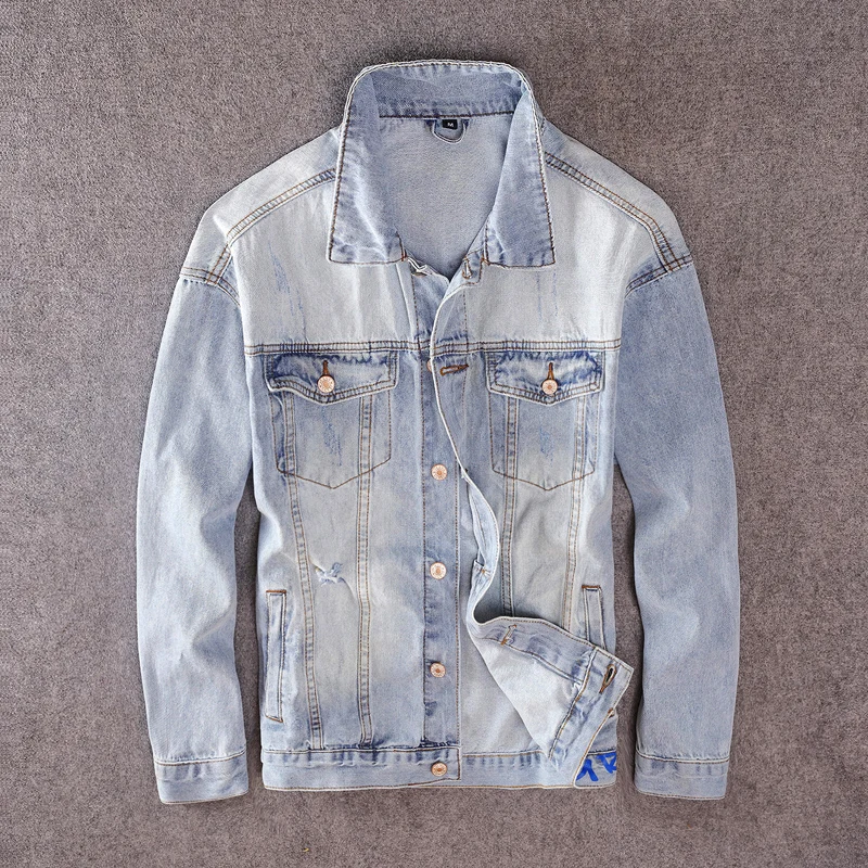 

Fashion Streetwear Men Jackets Spring Autumn Retro Light Blue Casual Denim Jacket Men Cotton Coats Printed Designer Chaqueta