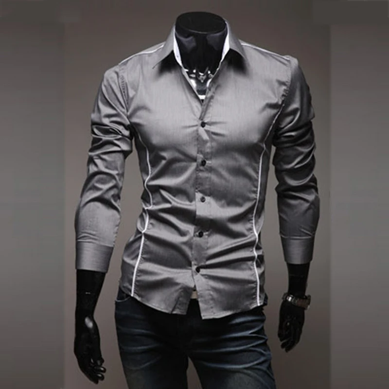 Slim Fit мужские полосатые рубашки 2020 серого цвета с длинными рукавами для мальчиков