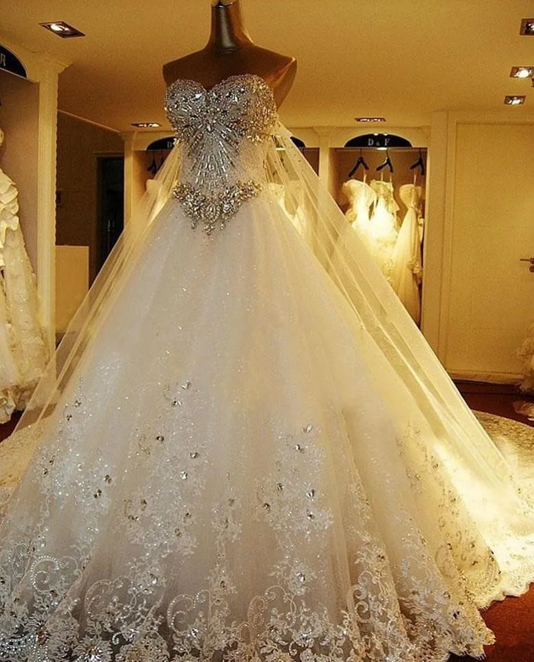 

Modest sparkly Crystal lace Wedding Dresses Luxury Cathedral Train church Bridal Gowns Real Image lace-up plus size wedding gown