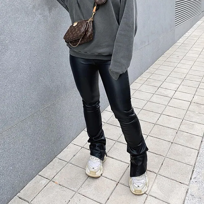 

2021 Black Leather Pants PU Women Fashion Split Autumn Winter Trousers High Waist Zip Ladies Pencil Slim Long Design Pant