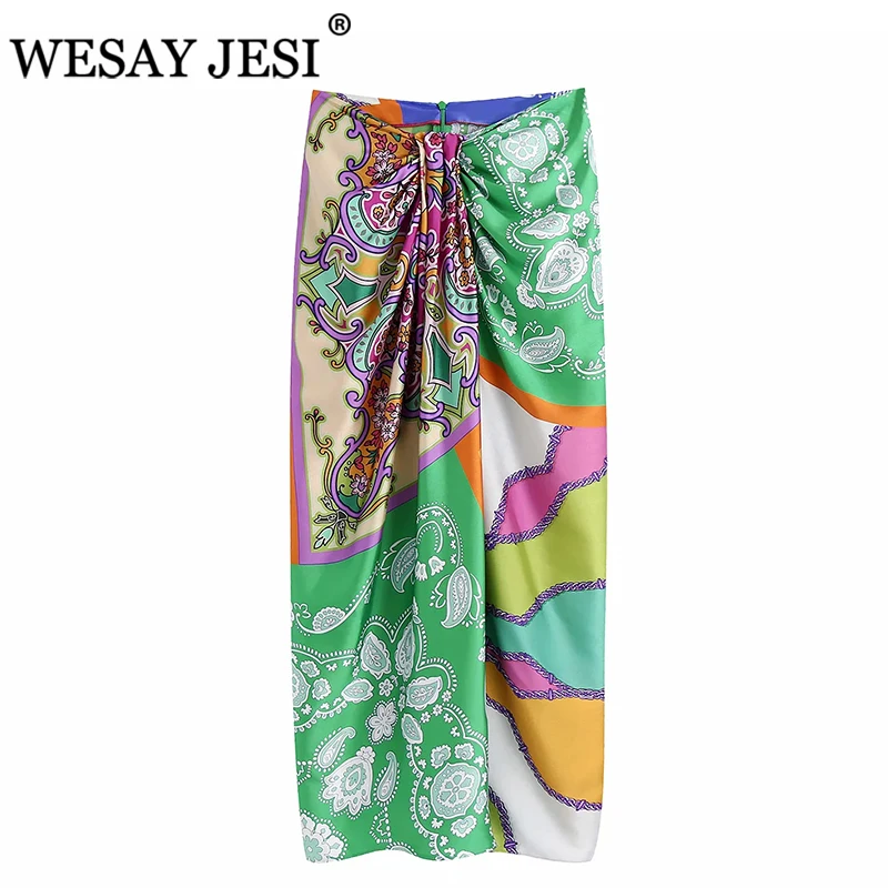 

WESAY JESI Women Clothes Skirt TRAF ZA 2021 Women Patchwork Elegant Knot Pleated Vintage Slit High Waist Midi Skirt Women Skirts