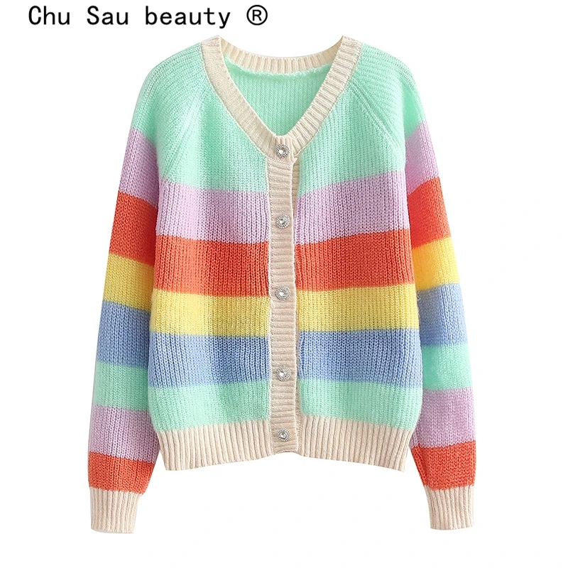 

Женский трикотажный жаккардовый кардиган, Повседневный свитер в разноцветную полоску, верхняя одежда на осень