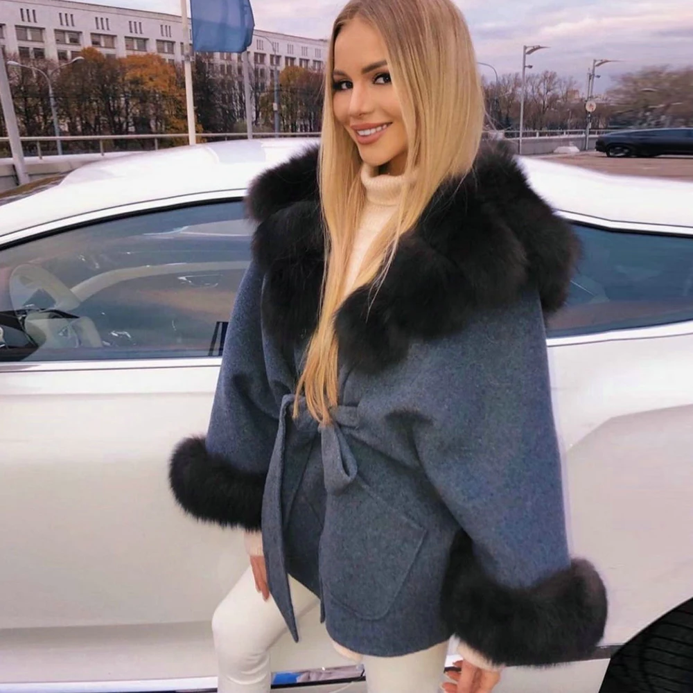 Mid-length Real Wool Blends Coat with Fox Fur Hood Thick Warm Women Winter Fashion Genuine Fox Fur Cashmere Coats Outwear Woman