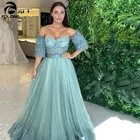 Новинка 2021, зеленое женское вечернее платье без бретелек, с кружевом, бисером, иллюзией, съемными рукавами, поясом, а-образное Тюлевое бальное платье