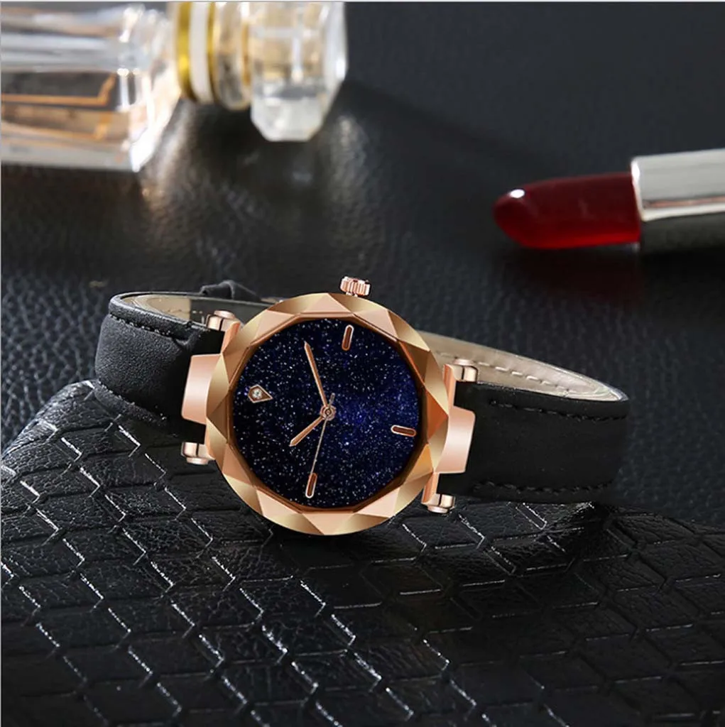 

New Simple And Stylish Luxurious Starry Dial Convex Mirror Leather Strap Watch Waterproof High Quality Unisex Casual Wristwatch