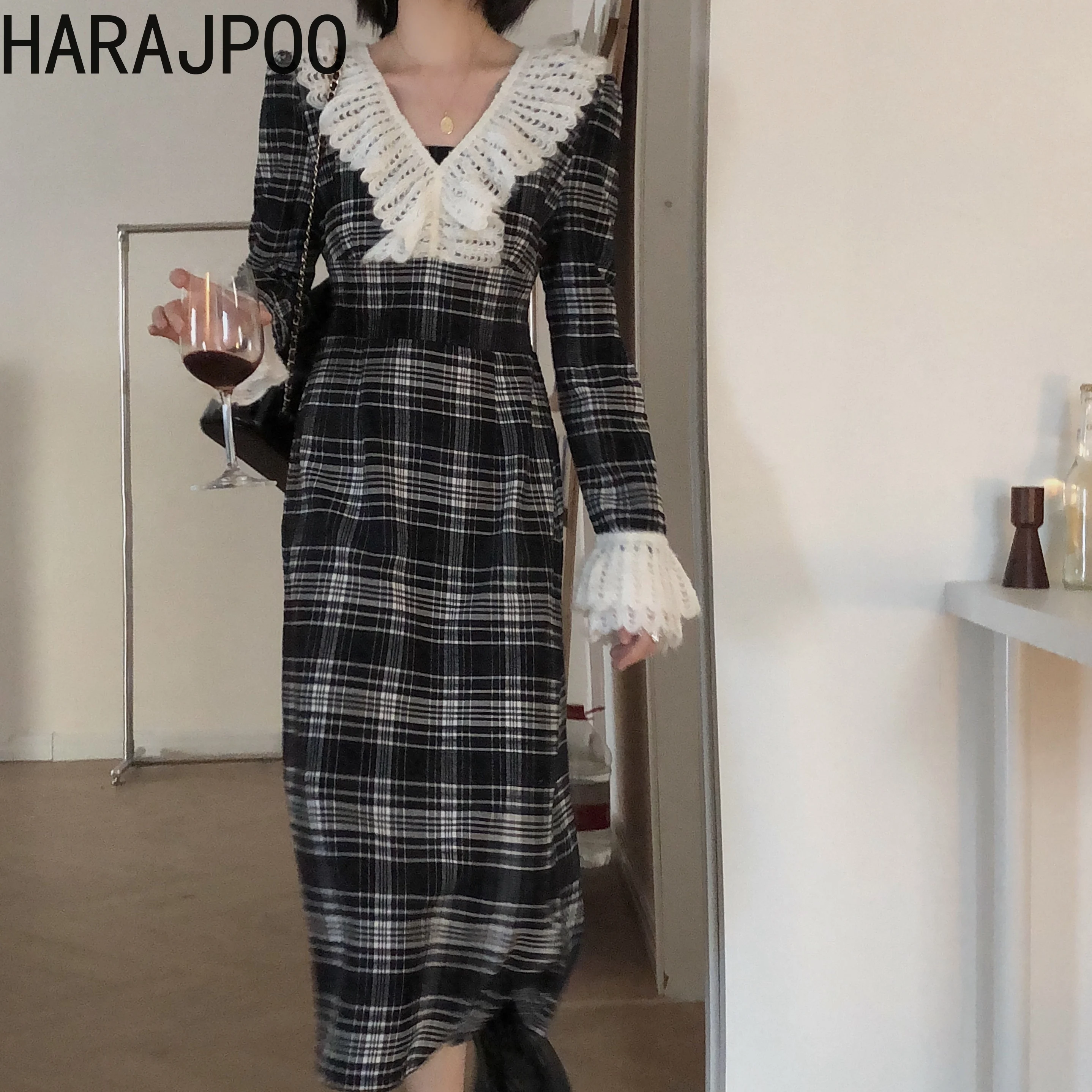 

Женская клетчатая одежда Harajpoo на шнуровке, с оборками, весна-осень 2022, элегантная Корейская уличная одежда, платья до середины икры с длинны...